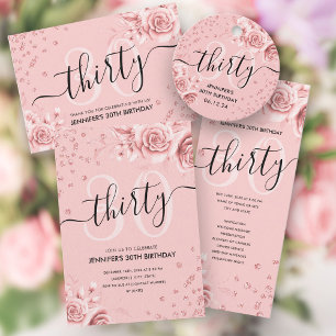 30th Birthday Menu Rose Gold Floral Glitter  Invitation