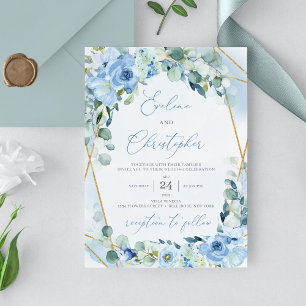 Boho Blue Floral Gold Geometric Brunch and Bubbly Invitation