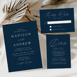 Modern Elegant Script Navy Photo Wedding Invitation