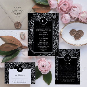 Dramatic Black Monogram Wreath Wedding RSVP Card