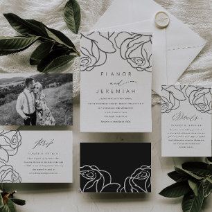 Simple Black Floral Calligraphy Wedding Invitation