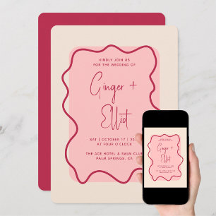 Modern Bold Wavy Frame Magenta Pink Wedding Invitation