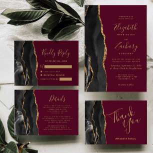 Modern Black Gold Agate Burgundy Wedding Details Enclosure Card