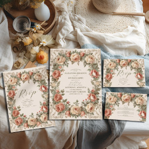 Olive & Orange Wedding Vintage Art Nouveau Floral  Invitation