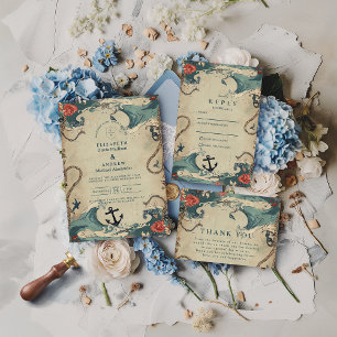 Vintage Nautical Waves & Rope Wedding Invitation
