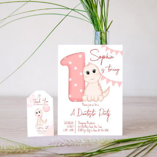 Pink baby dinosaur 2nd birthday invite