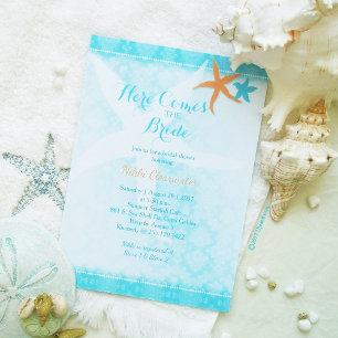 Orange Turquoise Blue Starfish Pair Beach Wedding Invitation