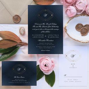 Simple Navy Modern Geometric Gold Wedding Invitation