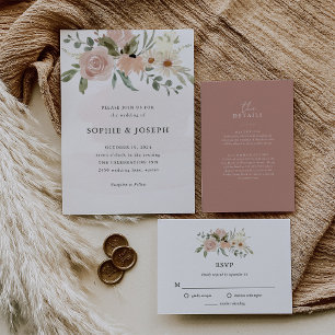 Simple Boho Neutral Watercolor Flowers   Wedding Invitation