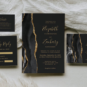 Modern Black Gold Agate Dark Wedding Details Enclosure Card