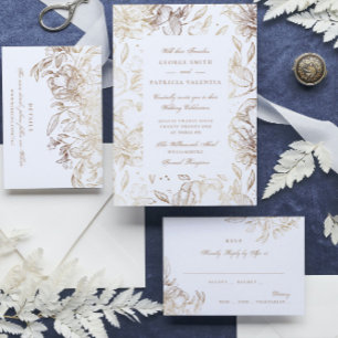 Faux Gold Foil Flowers Hand Drawn Elegant Wedding Invitation