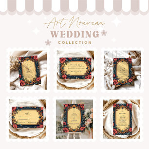 Navy Blue Floral  Wedding Art Nouveau Enclosure Card