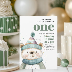 Green Bear Birthday   Winter Wonderland Party Invitation