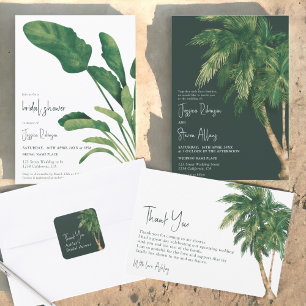 Tropical greenery script palm tree bridal shower thank you card