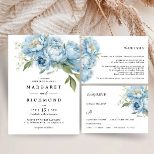 Dusty Blue Peony Elegant Watercolor Wedding Invitation Belly Band