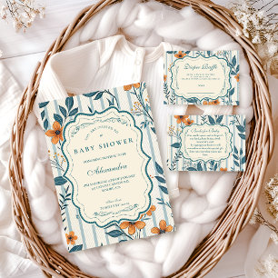 Retro Botanical Tile Baby Shower Invitation