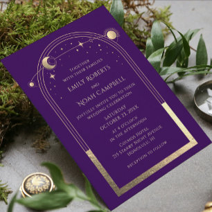 Celestial Purple Gold Sun Moon Stars Starry Night All In One Invitation
