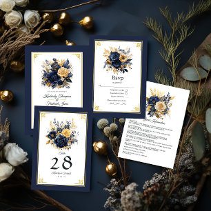 Navy Blue and Gold Floral Wedding Table Number