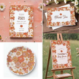 Groovy Hippie Floral Pink Orange Bridal Shower Paper Plate
