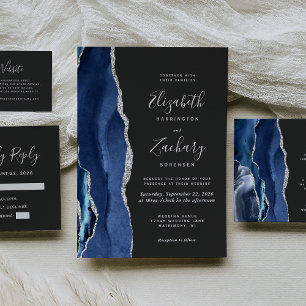 Modern Navy Blue Silver Agate Wedding RSVP Card