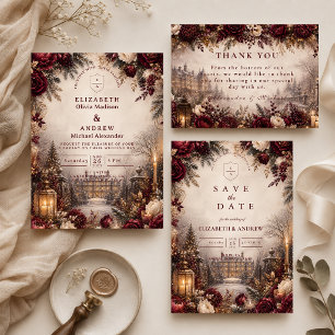 Romantic Burgundy Winter Wedding Thank You Card