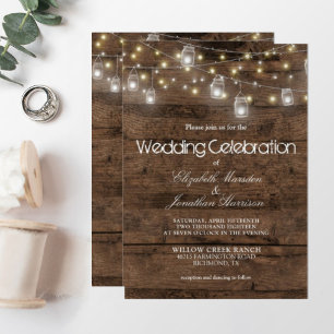 Rustic Mason Jars String Lights Elegant Wedding Invitation