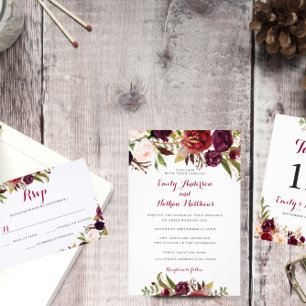 Rustic Burgundy Floral Wedding Invitation