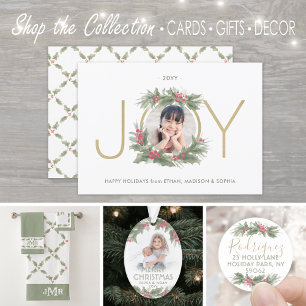 JOY Watercolor Christmas Wreath Custom Photo Gold Holiday Card