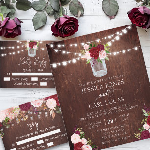 Burgundy Mason Jar Wood Budget Lights Flower RSVP  Card