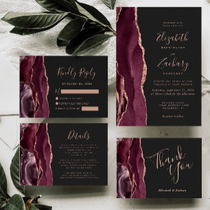 Burgundy Rose Gold Agate Dark Wedding Invitation