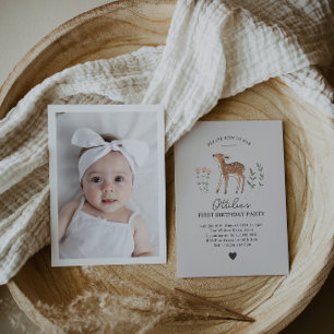 Woodland Fawn Flowers Photo Birthday Invitation