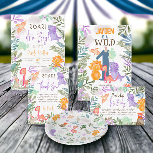 Cute watercolor dinosaurs greenery baby shower thank you card