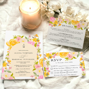 Boho Yellow pink floral arch chic wedding Invitation