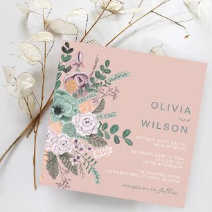 Wildflowers blush pink eucalyptus greenery wedding invitation