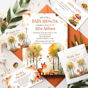 Watercolor Woodland Forest Autumn Fox Baby Shower Invitation