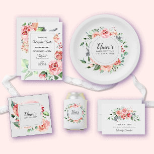 Elegant Pink Rose Floral 80th Birthday Party Invitation