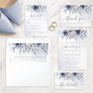 Dusty Blue Watercolor Floral Botanical Wedding RSVP Card