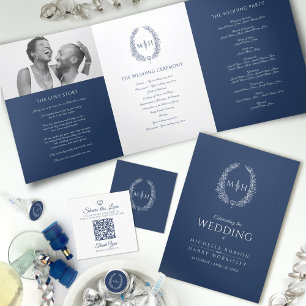 Leaf oval monogram drawing dark blue on white wrapping paper