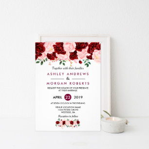Pink Burgundy Floral Navy Blue Wedding Invite