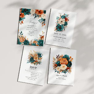 Teal Burnt Orange & Champagne Floral Wedding Save The Date