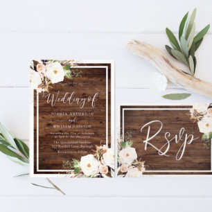 Blush White Flowers Gold Border Wonderland Wedding Invitation