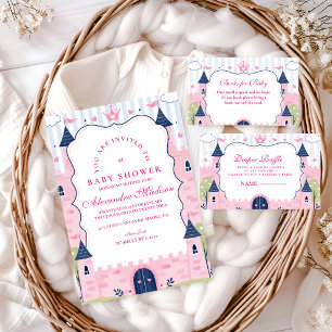 Cute Pink Princess Castle Baby Shower Invitation