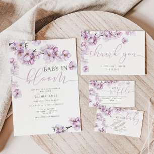 Lilac cherry blossom baby in bloom  invitation