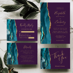 Modern Teal Gold Agate Purple Wedding Invitation