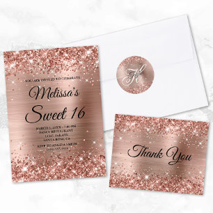 Faux Rose Gold Glitter and Foil Sweet 16 Invitation