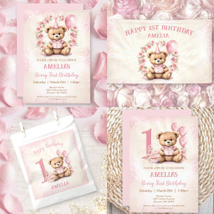 1st Birthday Pink Teddy Bear Paper Napkins