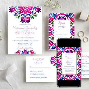 Pink blue Mexican tiles all in one wedding Invitation