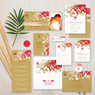 Red & Gold Bamboo Leaves Double Happiness Wedding Table Number