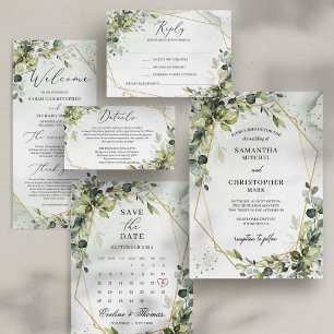 Greenery foliage gold geometric tied the knot invitation