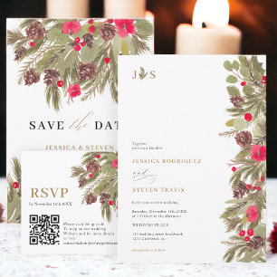 Winter pine elegance initial photo Qr code Wedding Invitation